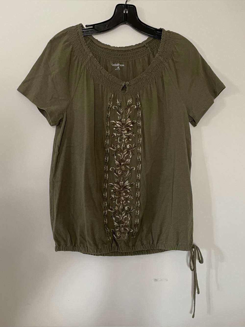 Olive Green Embroidered Boho Top Medium Cotton Blouse Cottagecore Earthy Forest